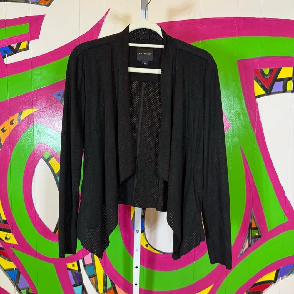 Liverpool, Black Faux Suede Perforated Blazer with Waterfall. Size Large 12-14.